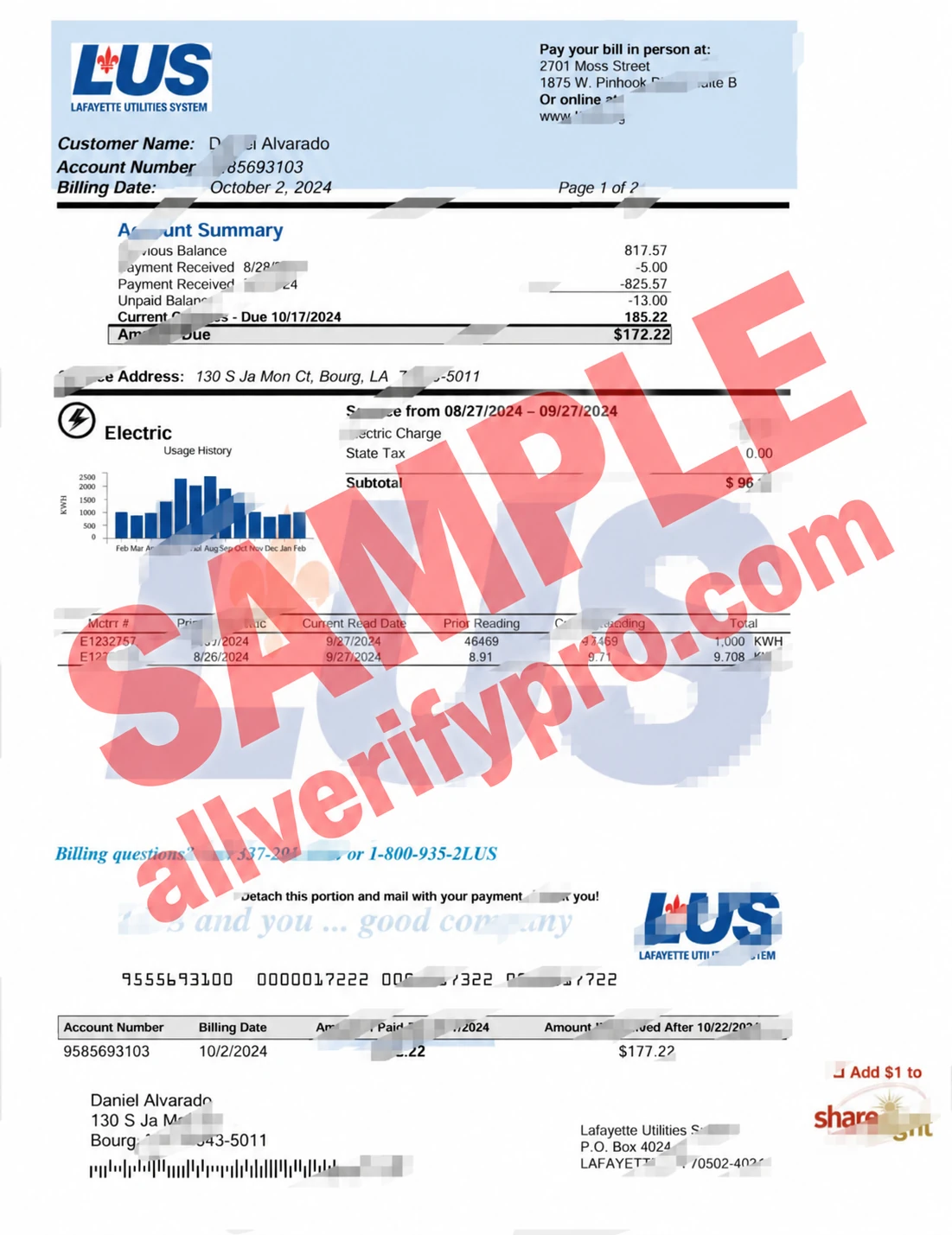 USA Lafayette Utilities System Bill Word and PDF Template (2 Pages)