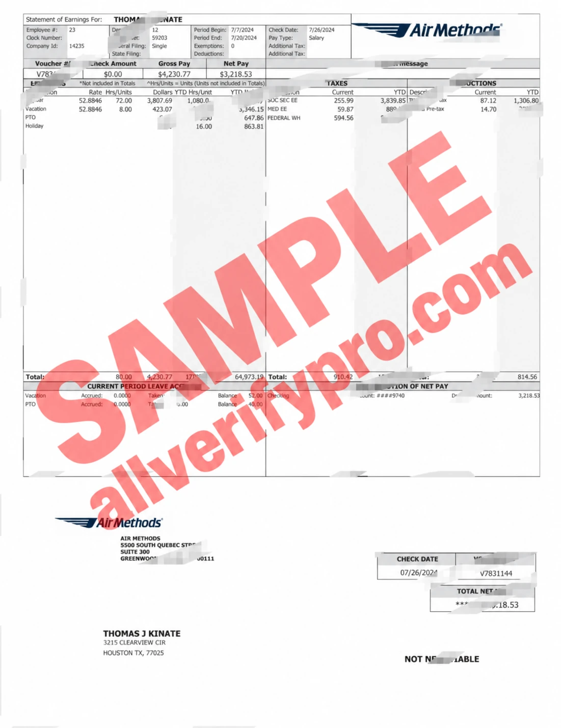 USA Air Methods Paystub Word And PDF Template