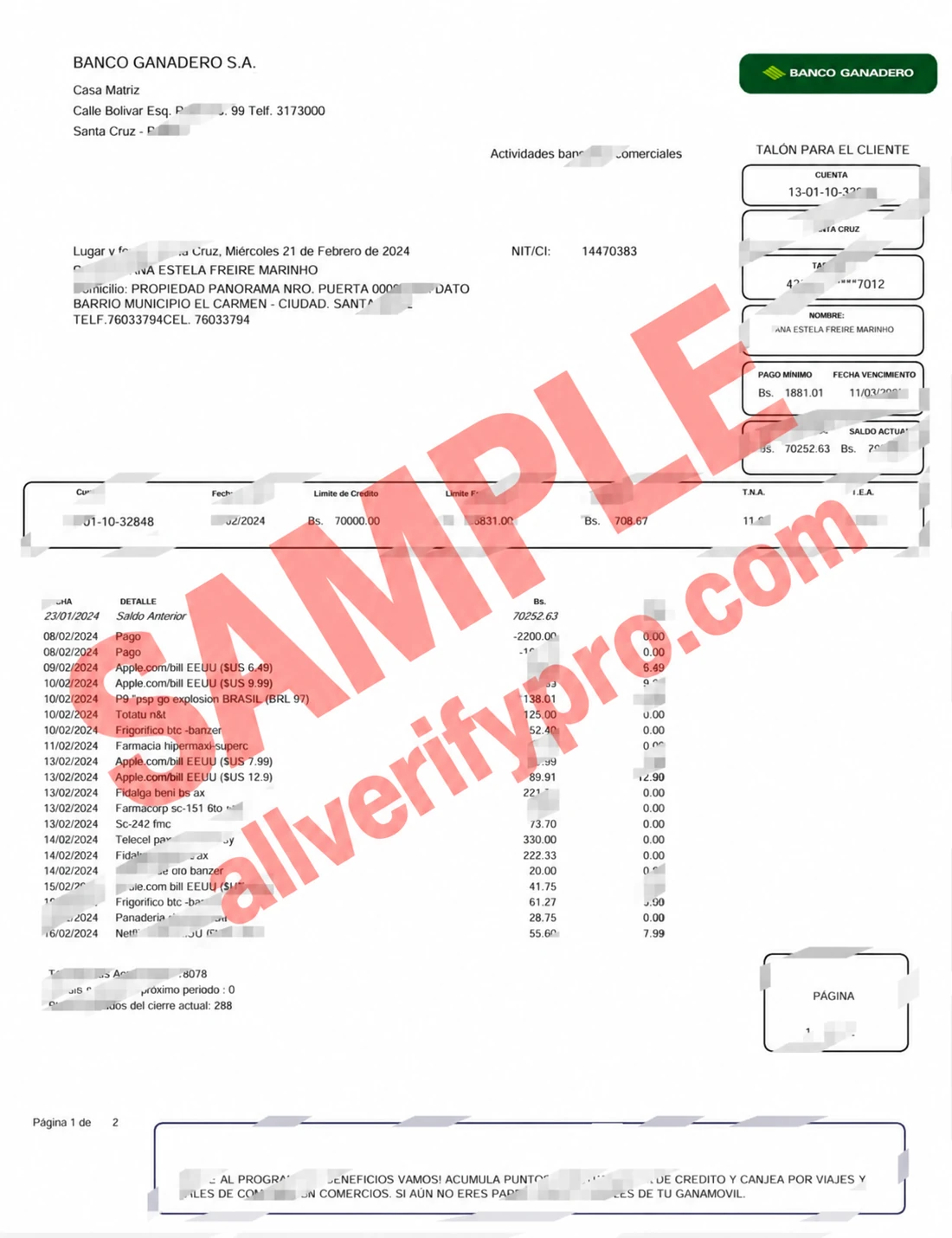 Bolivia Banco Ganadero Credit Card Statement Word and PDF Template (2 Pages)