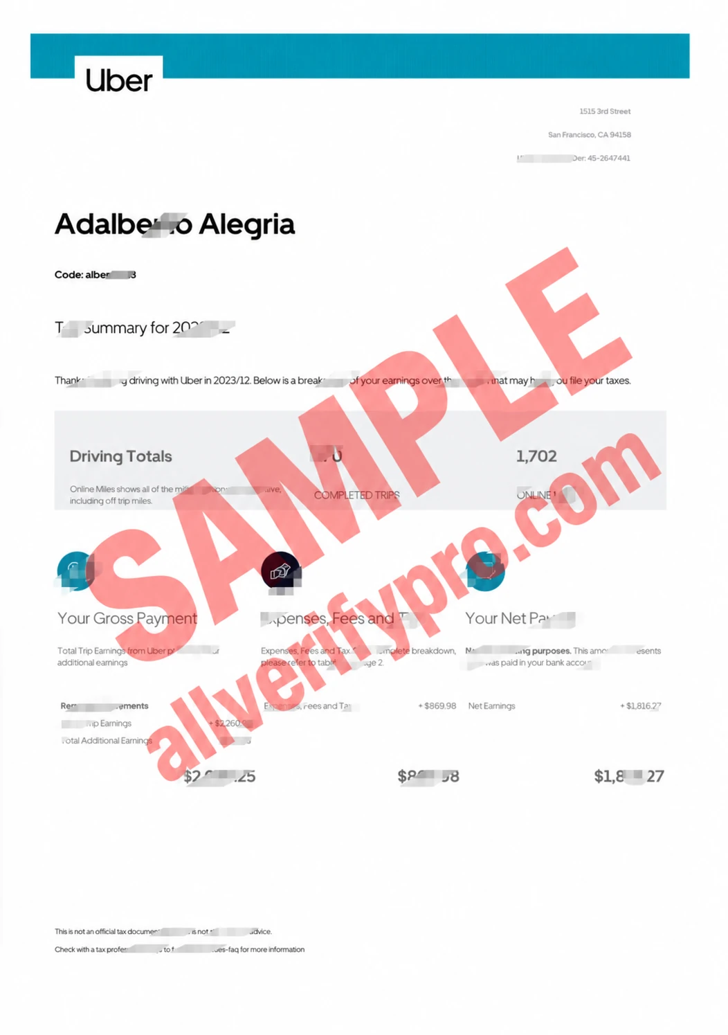 USA Uber Paystub Word and PDF Template (2 Pages)