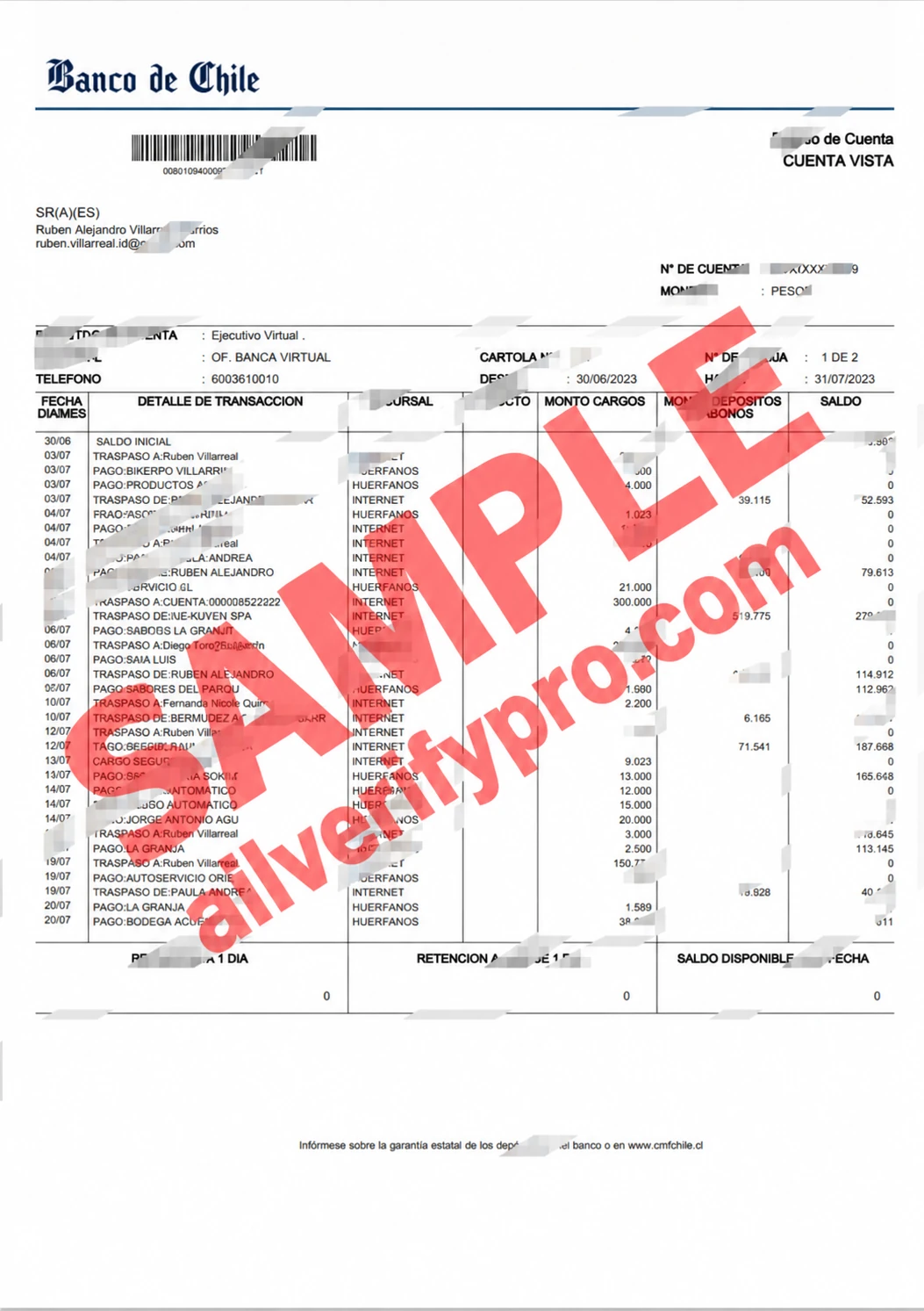 Banco de Chile Account Statement (ACCOUNT EXECUTIVE) in PDF Format