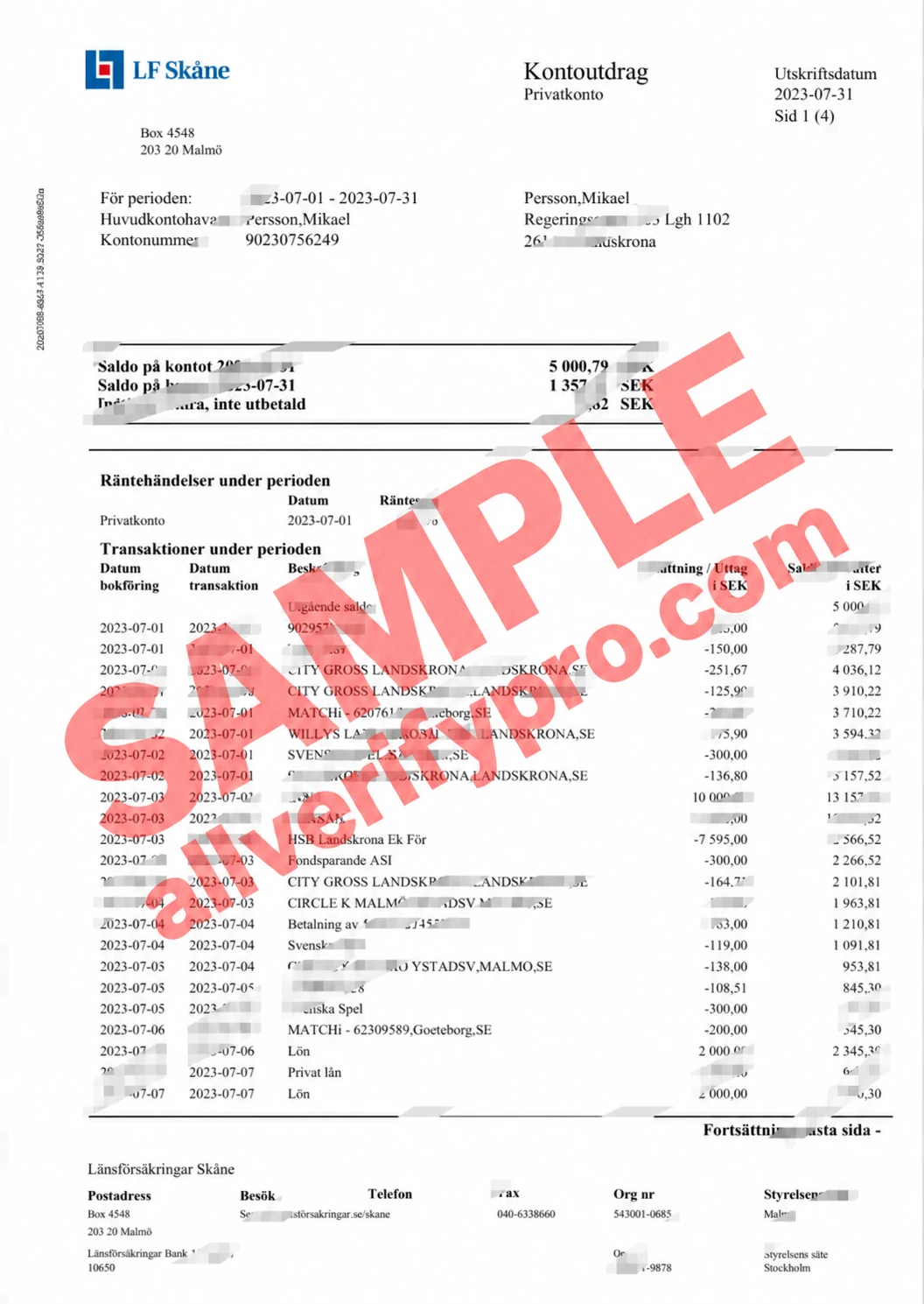 瑞典 Länsförsäkringar 銀行帳戶對帳單 Word 和 PDF 範本（4 頁）