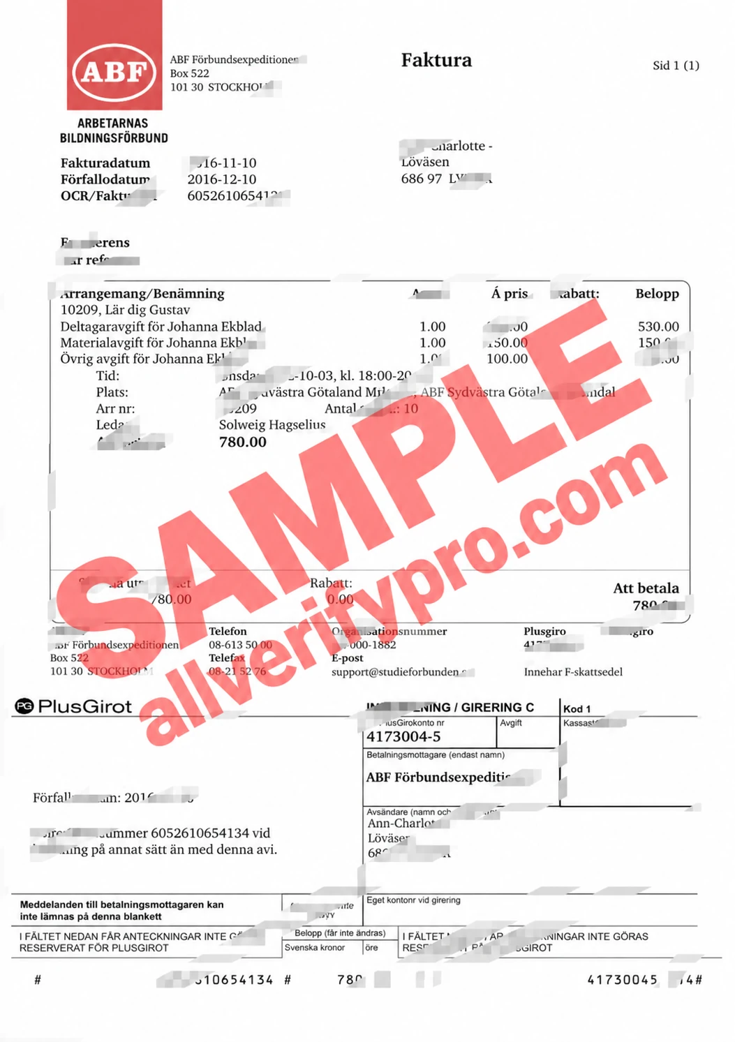 瑞典 ABF 课程发票 Word 和 PDF 模板（6 页）Sweden ABF Course Invoice Word And PDF Template (6 Pages)