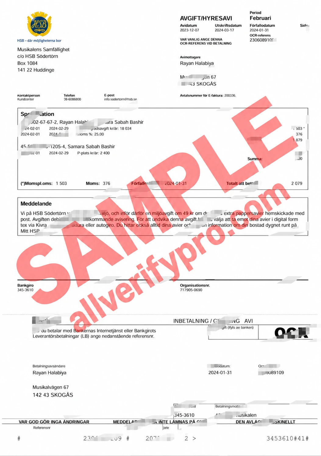 瑞典 HSB Södertörn 租金发票 Word 和 PDF 模板Sweden HSB Södertörn Rent Invoice Word And PDF Template