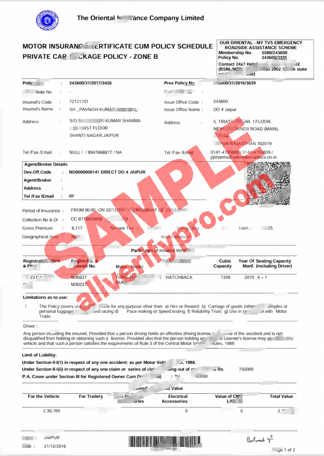 Templat PSD Polis Asuransi Mobil The Oriental Insurance Company India