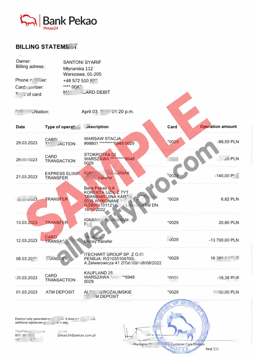 Poland Bank Pekao Bank Statement Word and PDF Template