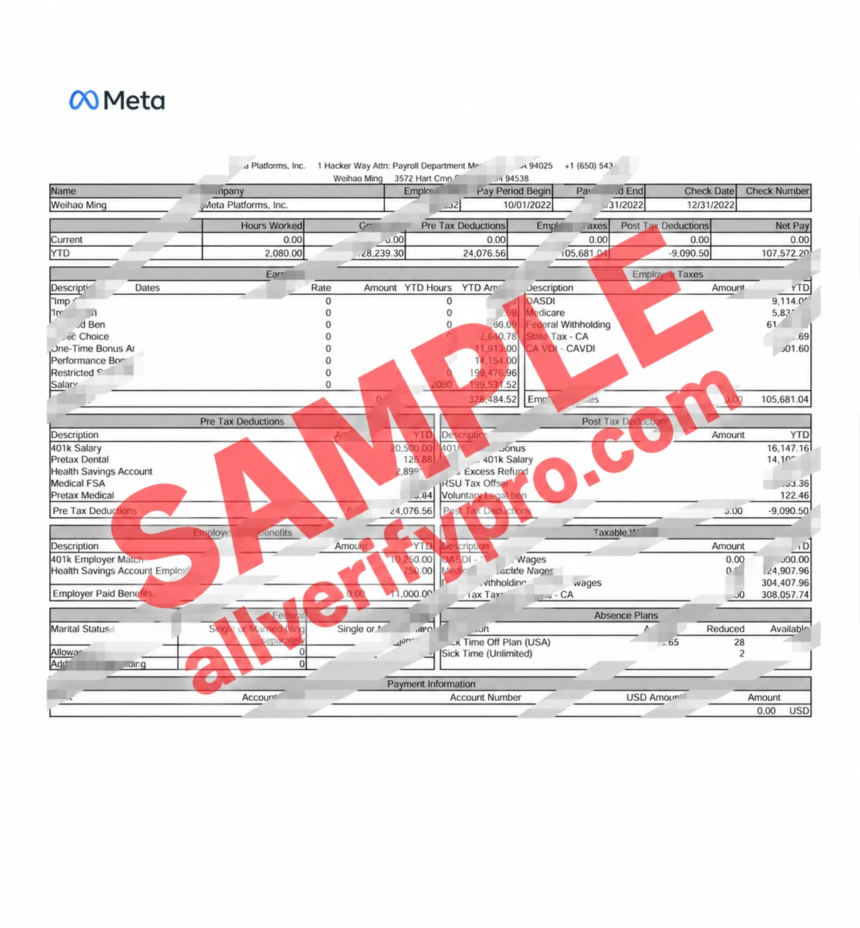 美國 Meta Platforms 薪資單 Word 和 PDF 範本（2 頁）