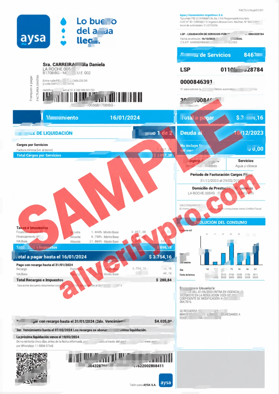 Argentina AySA Water and Sanitation Bill Word and PDF Template (2 Pages)
