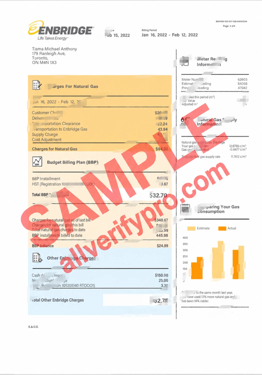 Canada Enbridge Natural Gas Bill Word and PDF Template