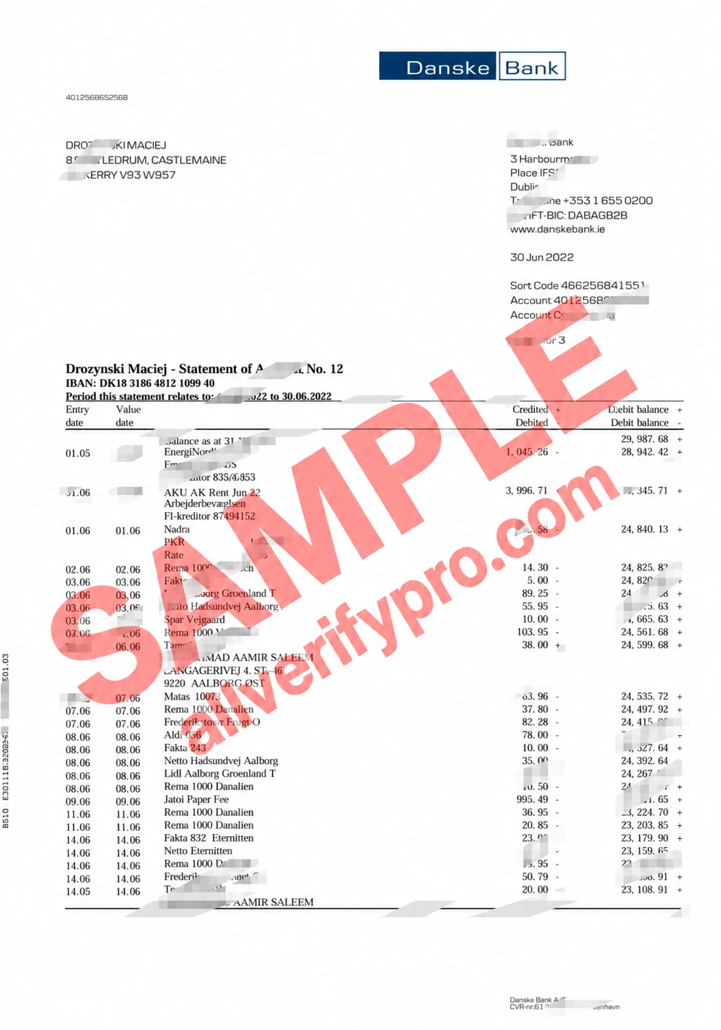 เทมเพลตใบแจ้งยอดธนาคาร Danske Bank เดนมาร์ก รูปแบบ Word และ PDF (3 หน้า)