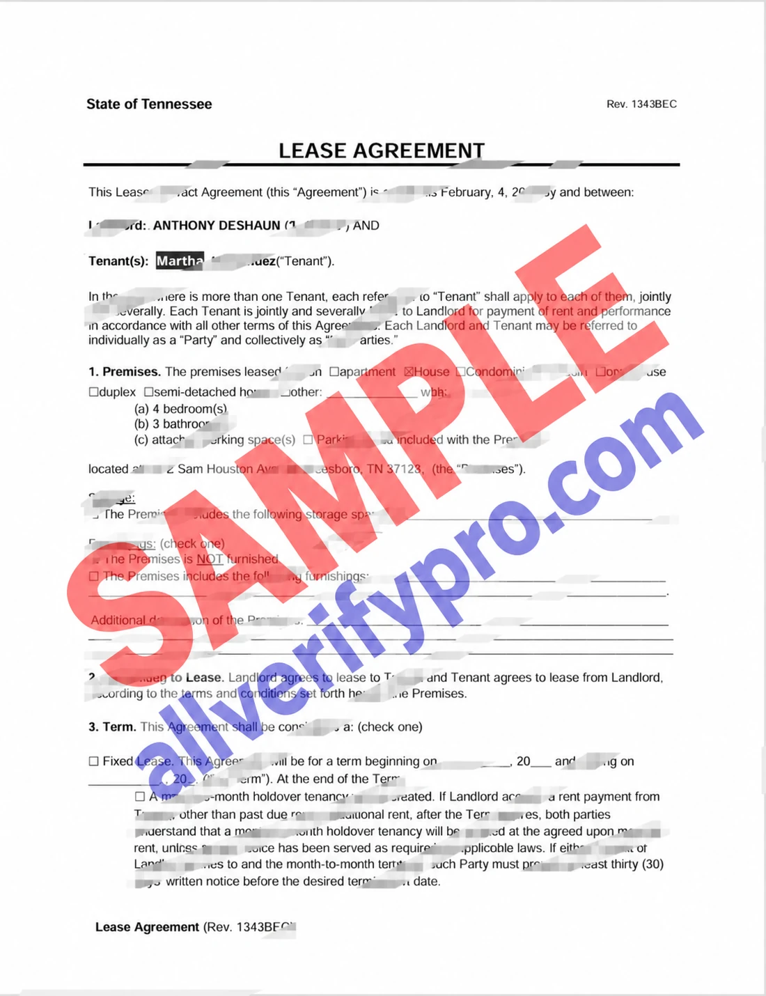 Tennessee Monthly Rental Template in Word and PDF Format