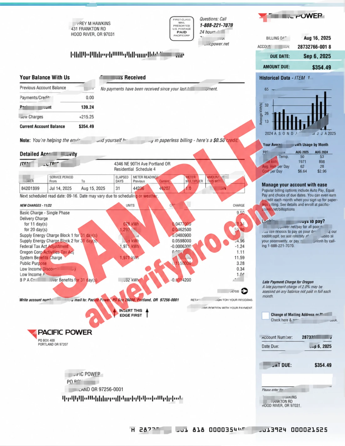 United States Pacific Power Utility Bill Template in Word and PDF Format