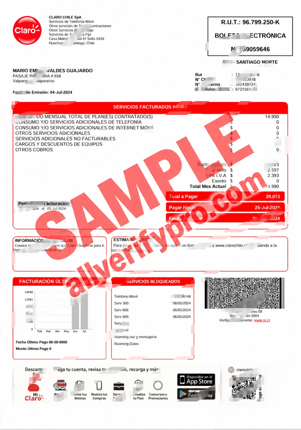 Chile Claro Mobile and Telecommunications Bill Word and PDF Template (2 Pages)