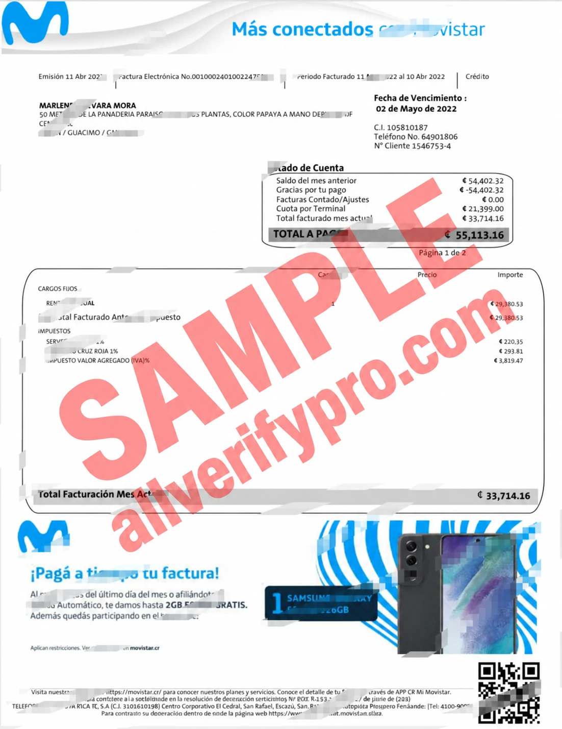 Modelo de fatura de telecomunicações da Movistar da Costa Rica em Word e PDF (2 páginas)