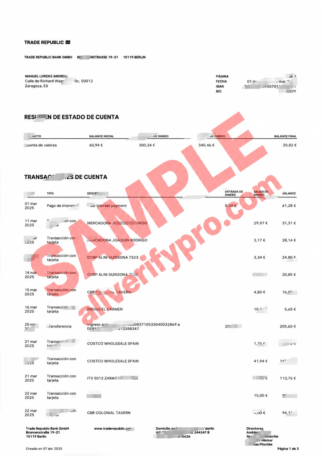 Germany Trade Republic Bank Statement Word And PDF Template (3 Pages)
