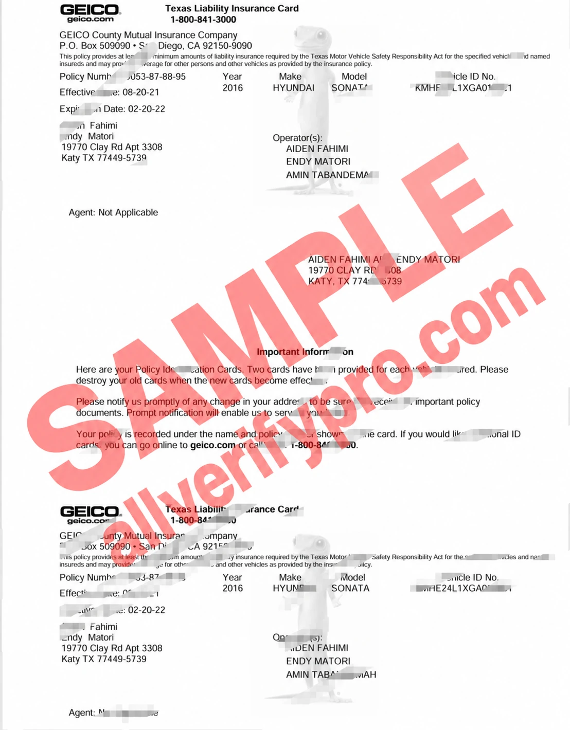 Texas GEICO Liability Insurance Card Template in Word and PDF Format