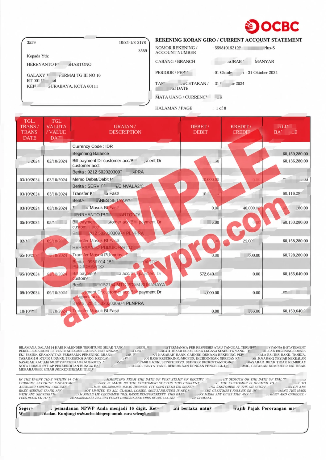 Mẫu sao kê ngân hàng OCBC Indonesia định dạng Word và PDF (8 trang)
