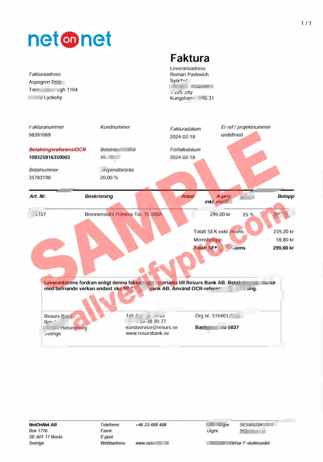 Plantilla de factura de NetOnNet de Suecia en Word y PDF