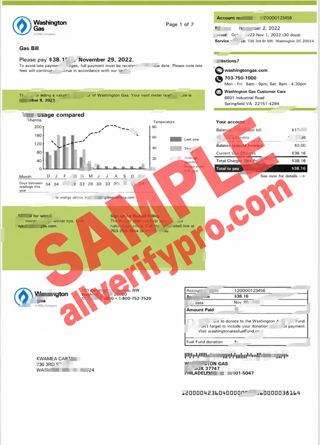 USA Washington Gas Utility Bill Word and PDF Template (2 Pages)