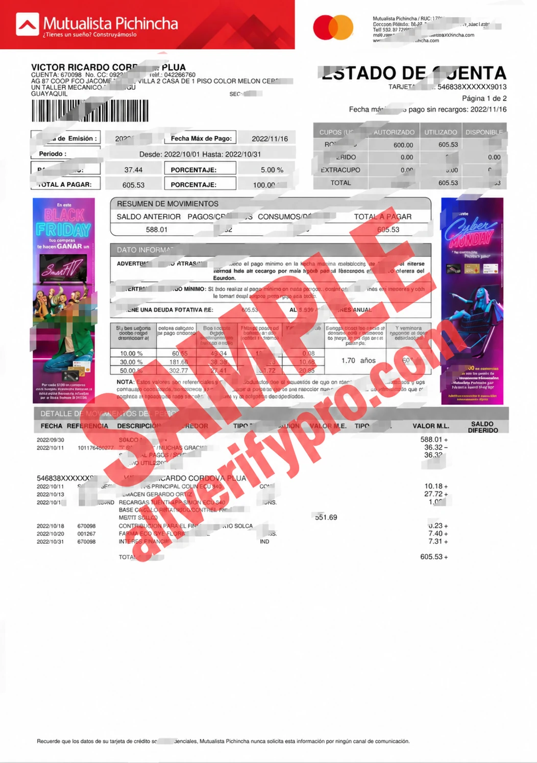 Ecuador Mutualista Pichincha Credit Card Statement Word and PDF Template (2 Pages)