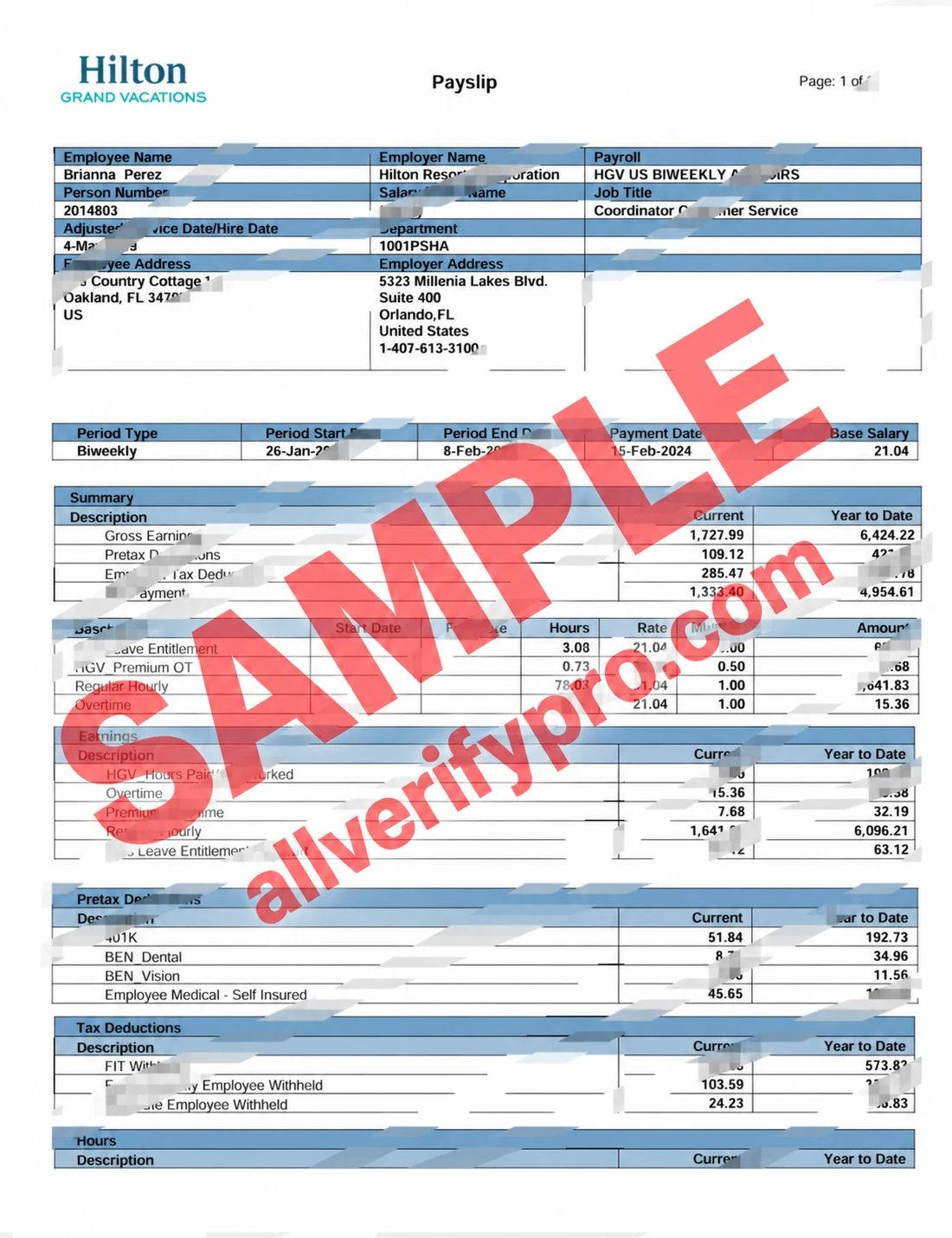Шаблон расчетного листка Hilton Grand Vacations в США в форматах Word и PDF (7 страниц)