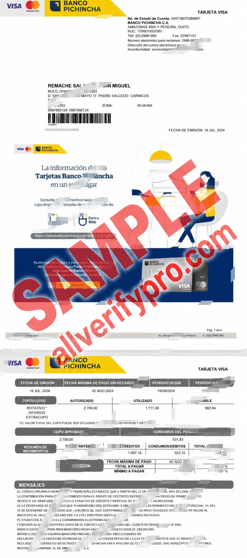 เทมเพลตใบแจ้งยอดบัตรเครดิต Visa ของ Banco Pichincha ประเทศเอกวาดอร์ ในรูปแบบ Word และ PDF