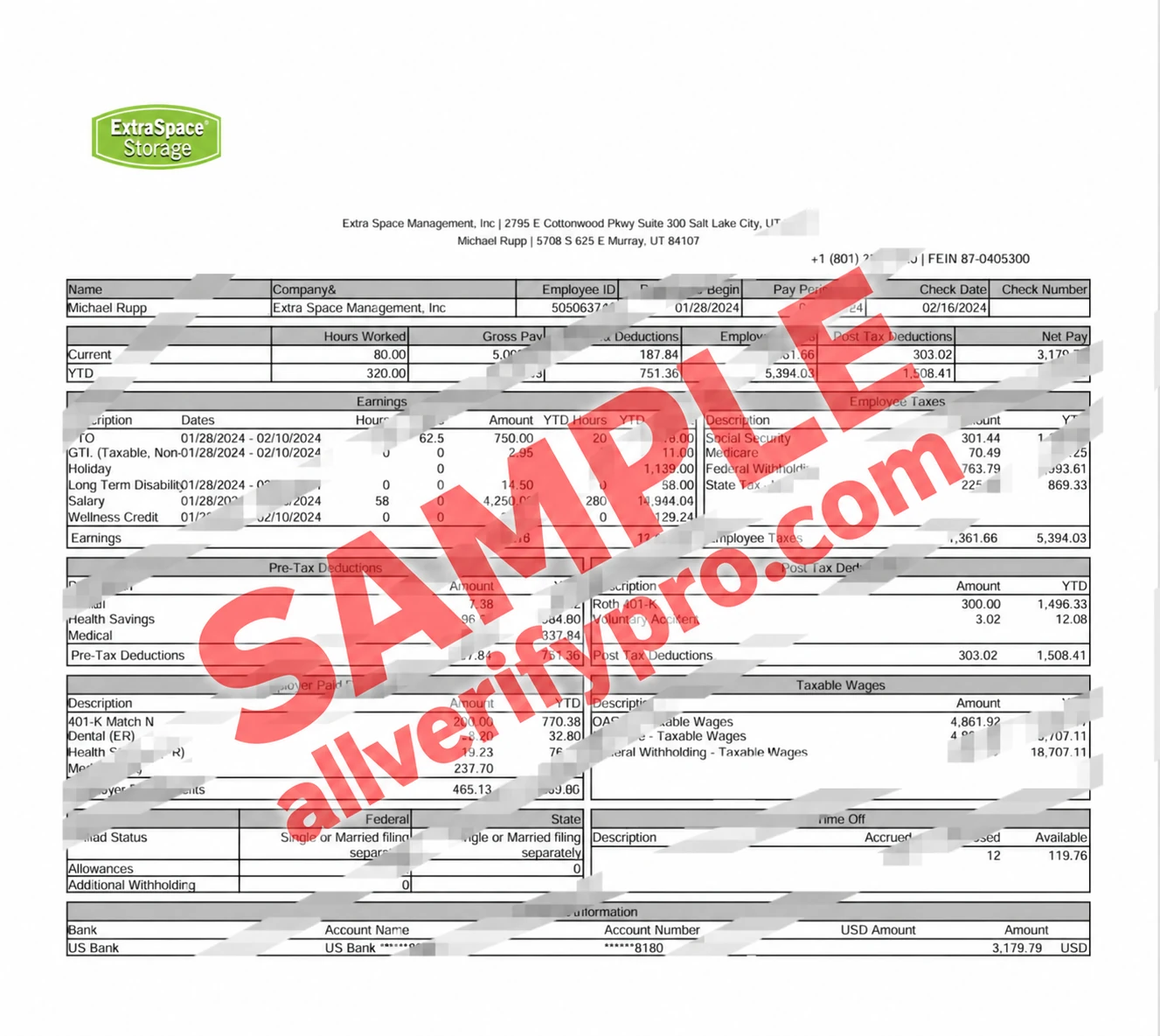 Template Word dan PDF Slip Gaji Extra Space Management Amerika Serikat (2 halaman)