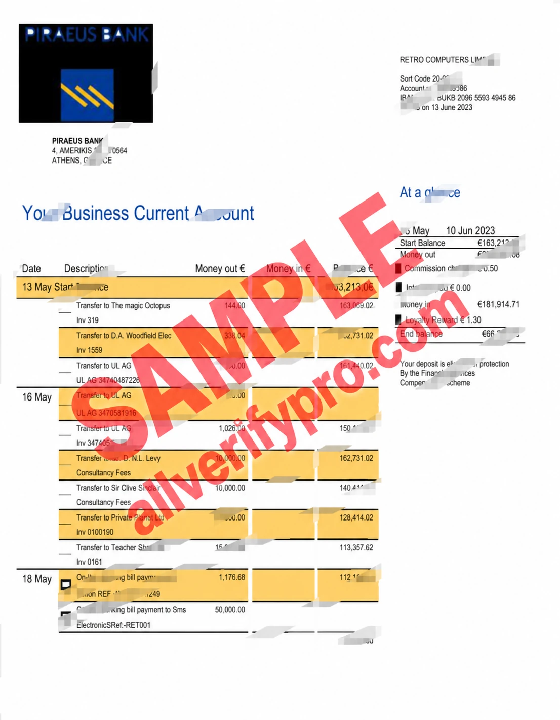 Шаблон выписки по бизнес-счету Piraeus Bank, Греция, в форматах Word и PDF