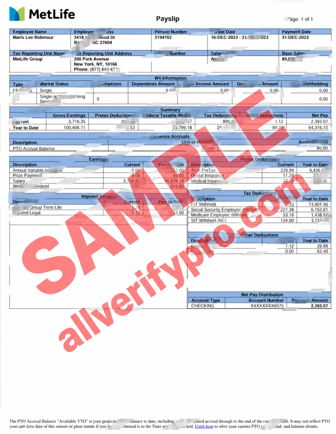 Template Word dan PDF Slip Gaji MetLife Amerika Serikat