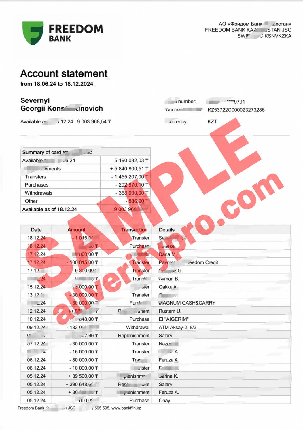 Word- und PDF-Vorlage für einen Kontoauszug der Freedom Bank in Kasachstan (9 Seiten)