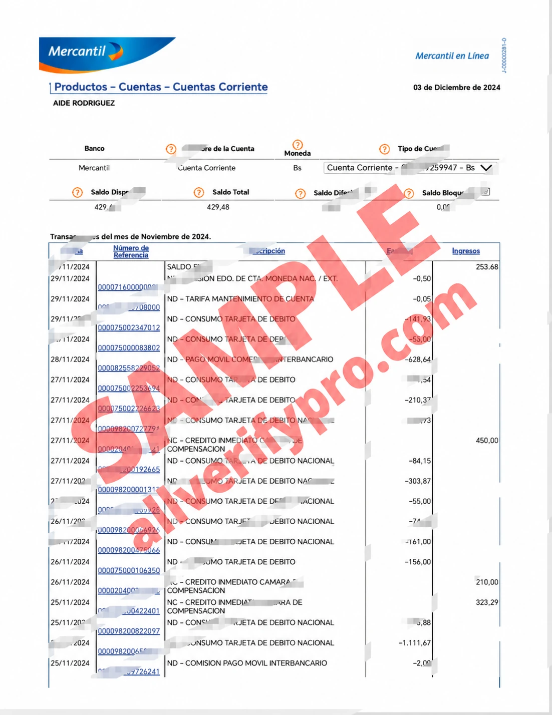 Plantilla de estado de cuenta bancaria de Mercantil Bank de Venezuela en Word y PDF (2 páginas)