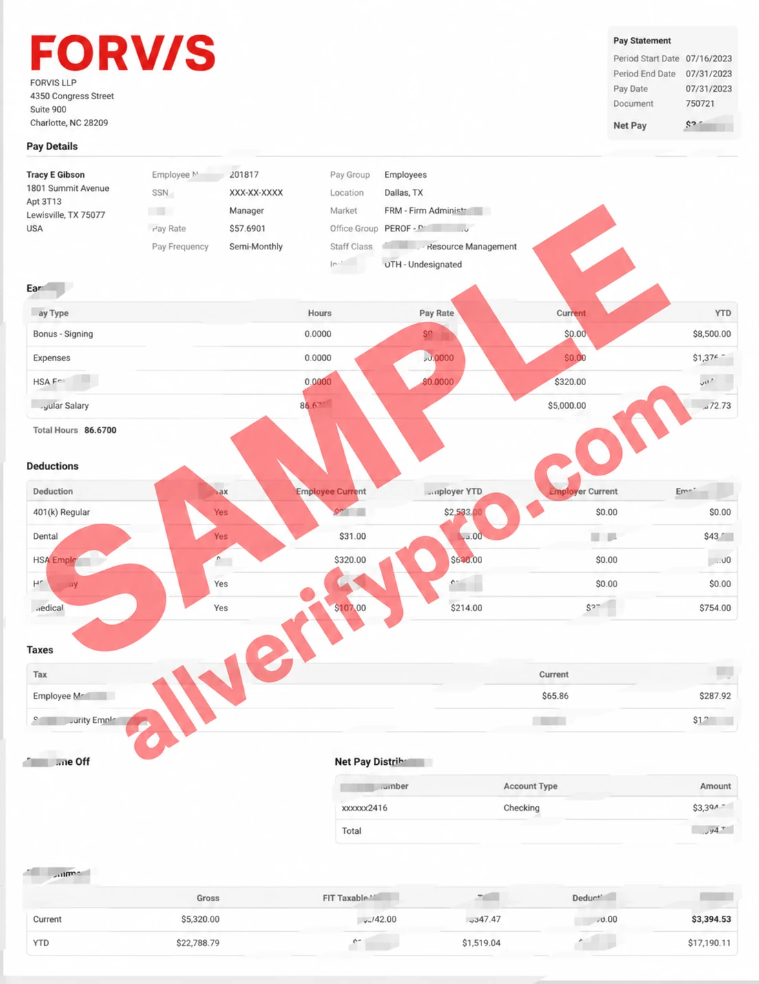 USA FORVIS LLP PayStub Word and PDF Template