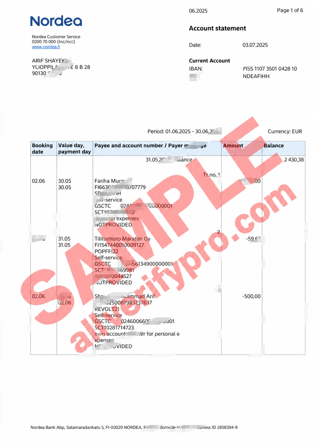 Finland Nordea Bank Statement Word and PDF Template (28 Pages)