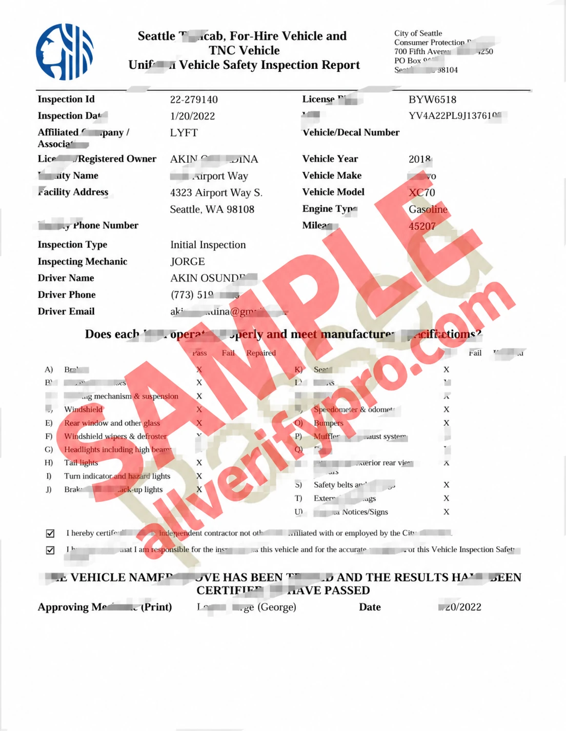 Washington Lyft Vehicle Safety Inspection Template