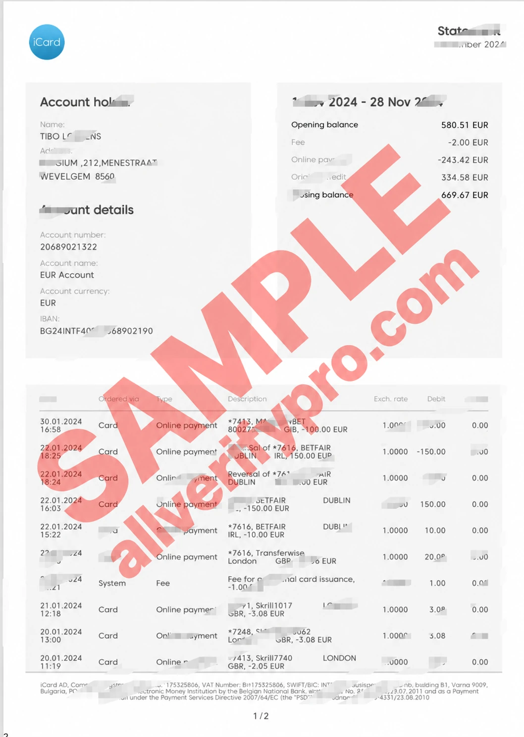 希臘阿爾法銀行 i-Card 信用卡帳單 Word 和 PDF 範本（2 頁）