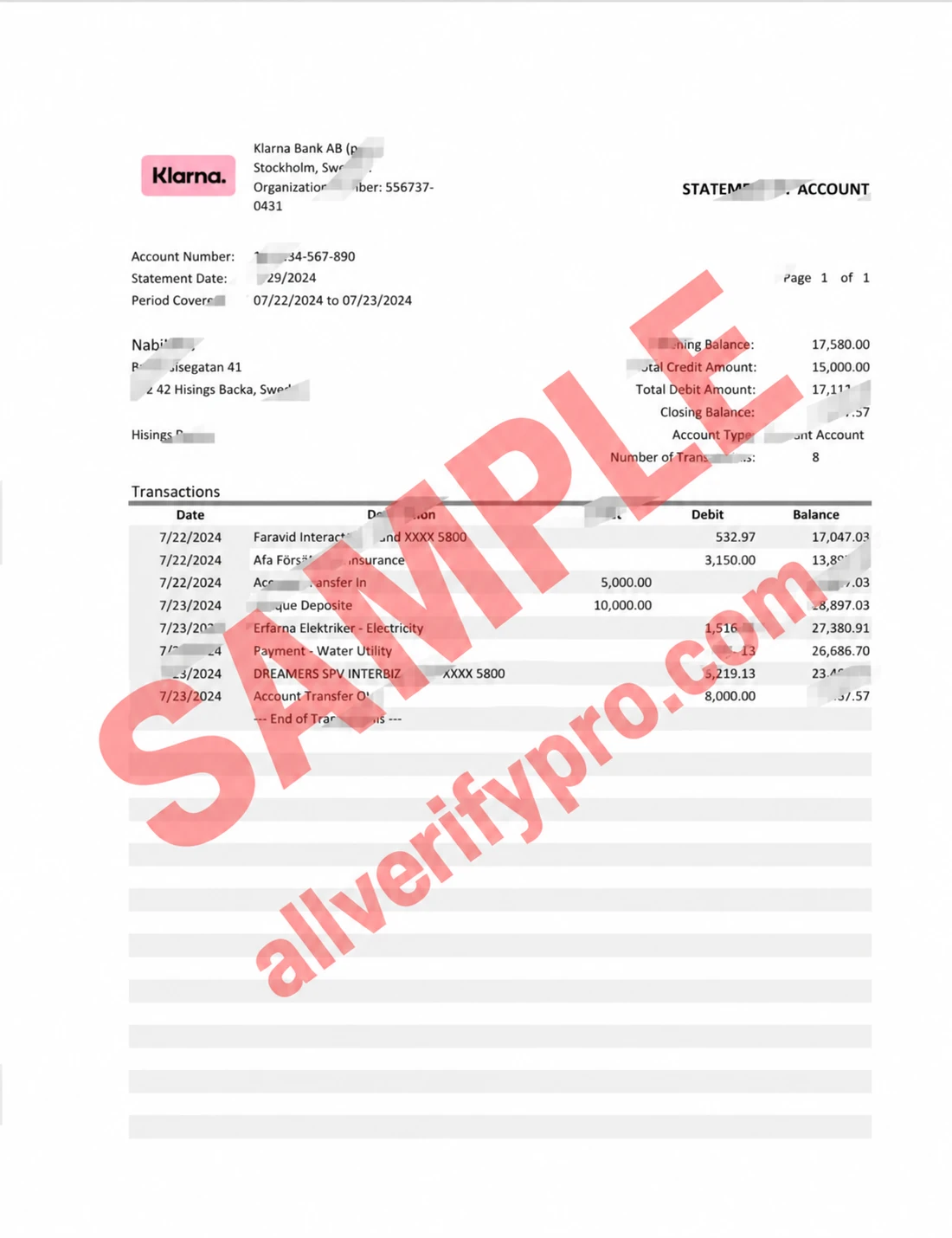 แม่แบบรายการเดินบัญชีธนาคาร Klarna ประเทศเยอรมนี ในรูปแบบ Word และ PDF