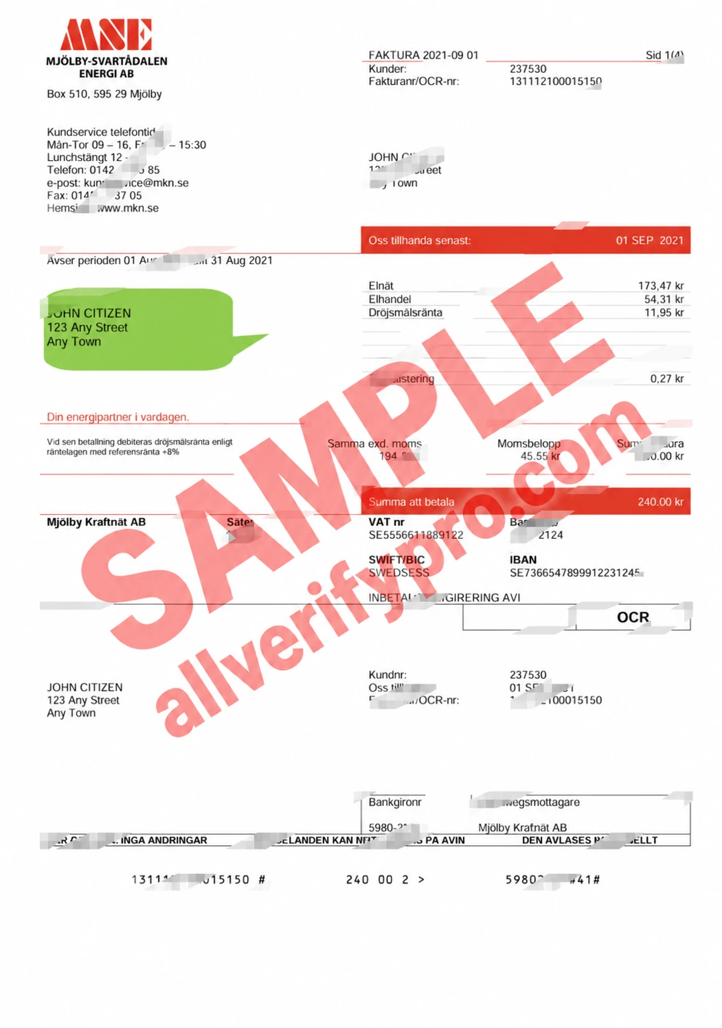 Sweden Mjölby Kraftnät AB Electricity Invoice Word and PDF Template