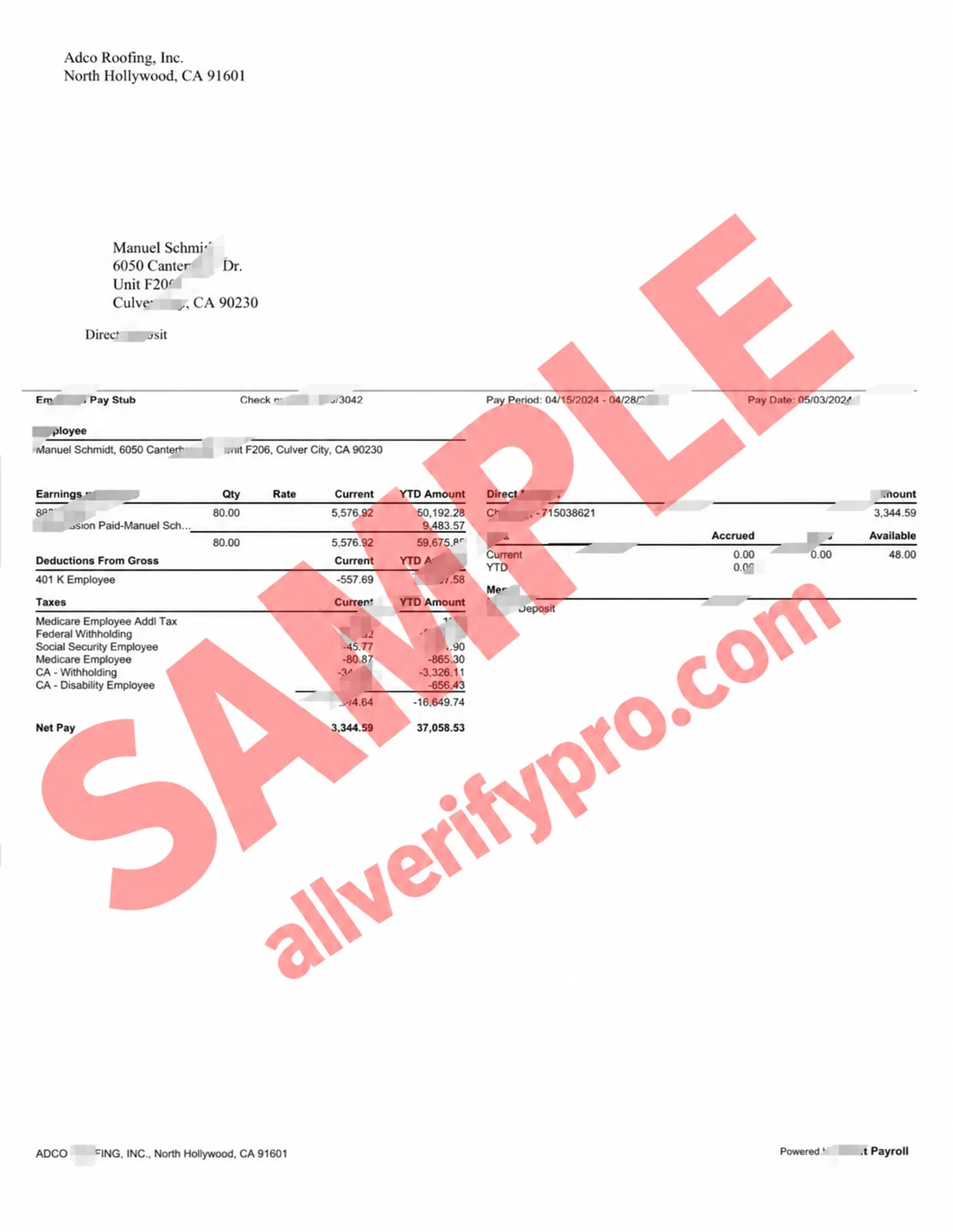 Modelo de contracheque da Adco Roofing dos Estados Unidos em Word e PDF (6 páginas)