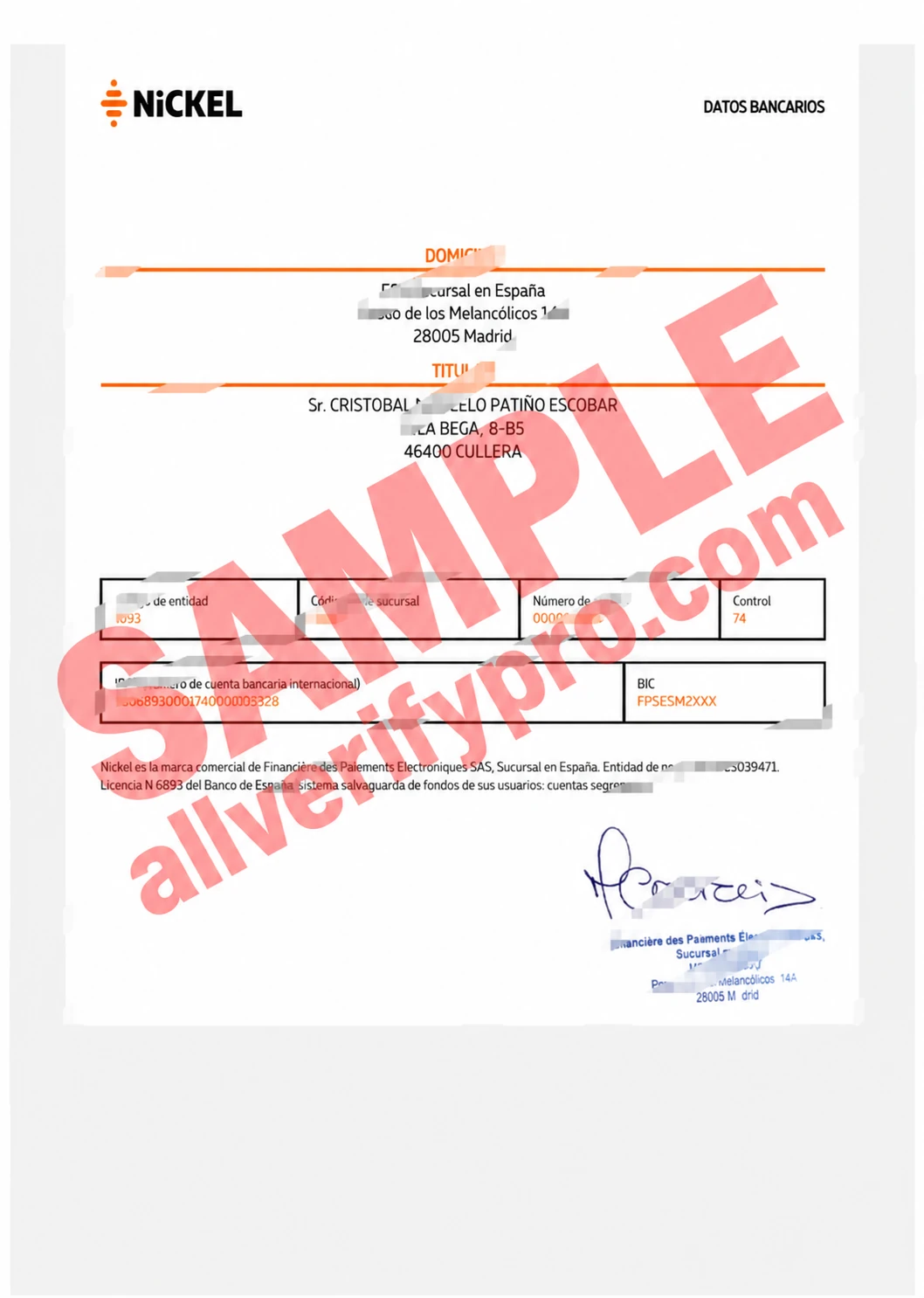 Spain Nickel Bank Account Direct Debit Receipt Word and PDF Template