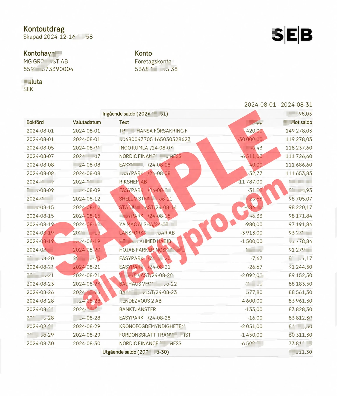 Sweden SEB Corporate Account Statement Word and PDF Template
