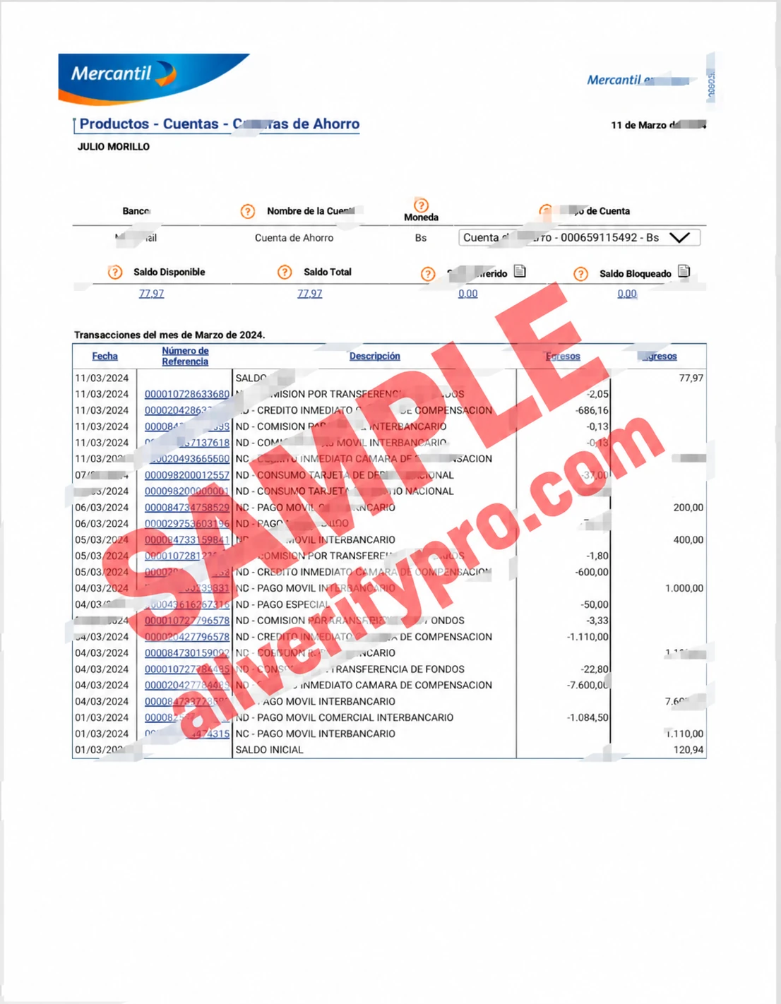 Modelo de extrato de conta do Banco Mercantil da Venezuela em Word e PDF