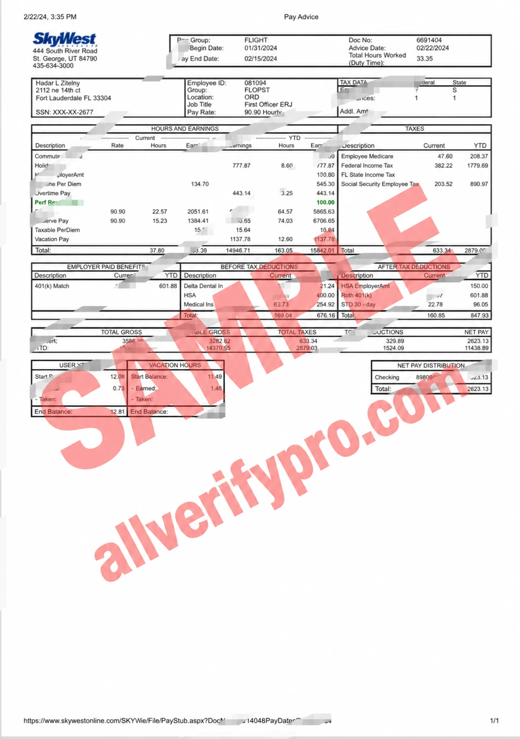 Templat Slip Gaji SkyWest Airlines Amerika Serikat dalam Format Word dan PDF (17 Halaman)