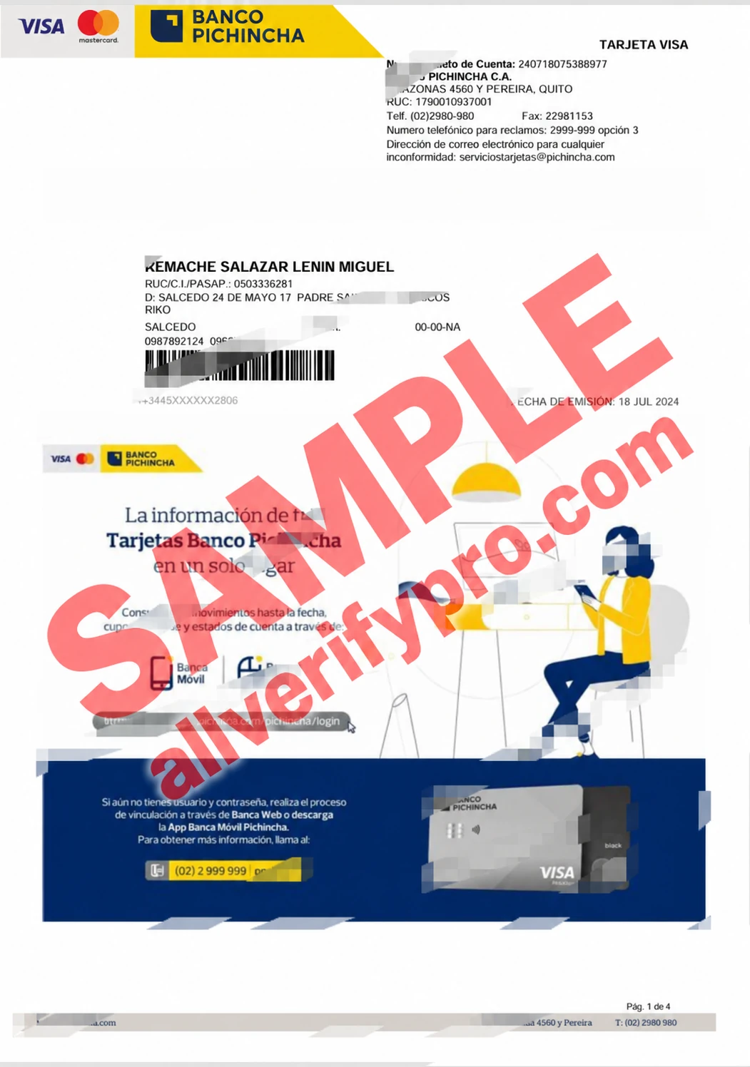 Modelos de fatura de cartão de crédito do Banco Pichincha do Equador em Word e PDF