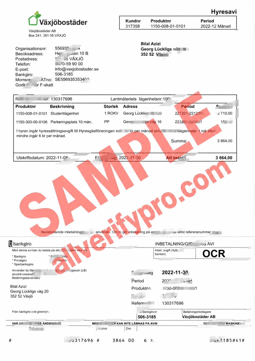 Swedish växjöbostäder Rental Invoice Word and PDF Templates