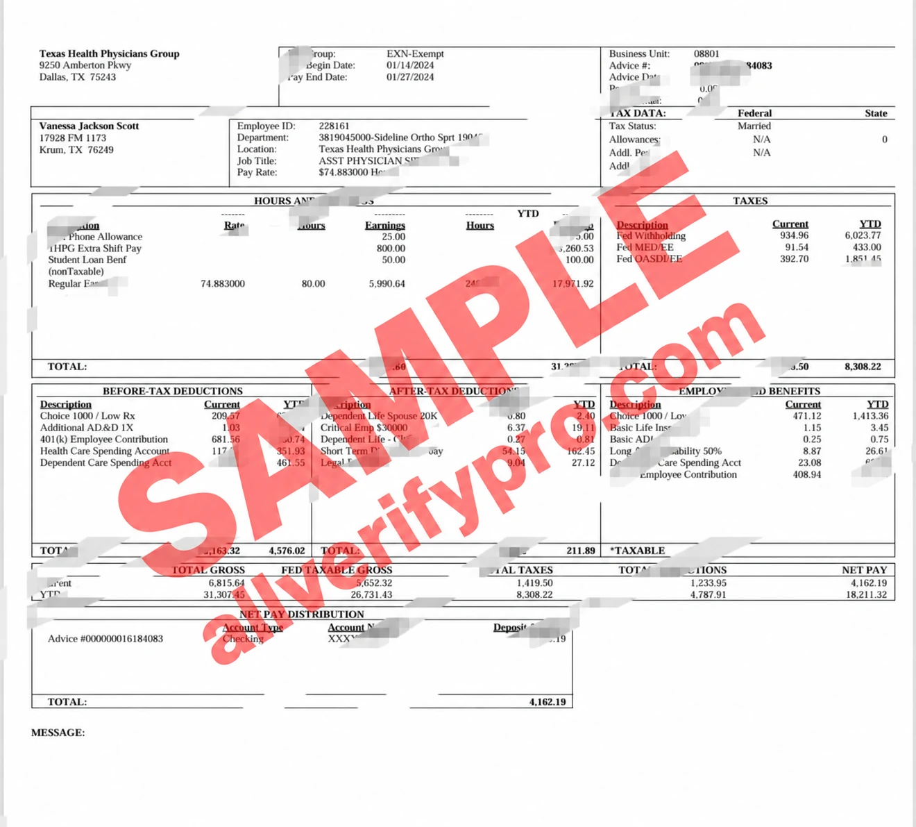 Word- und PDF-Vorlage für eine Gehaltsabrechnung der Texas Health Physicians Group in den USA