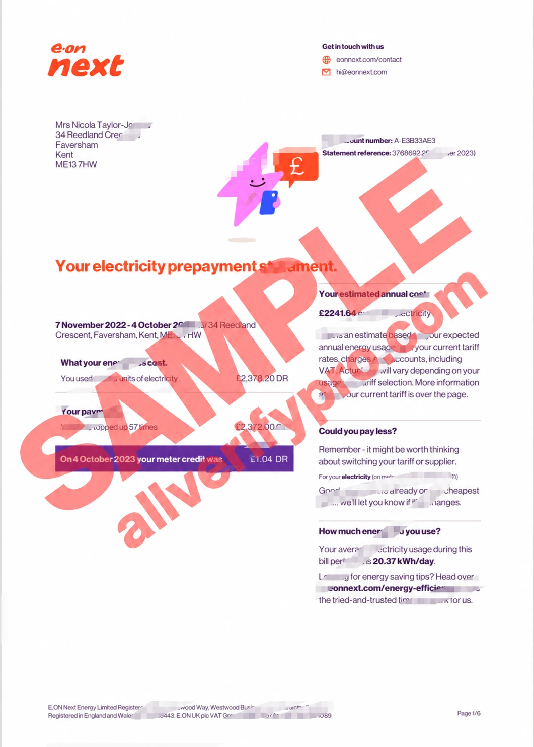 Plantilla en Word y PDF de informe de factura de electricidad de prepago de E.ON del Reino Unido (6 páginas)