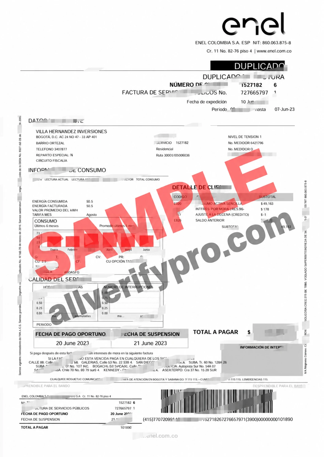 Templat Word dan PDF Tagihan Utilitas Enel Kolombia (2 Halaman)
