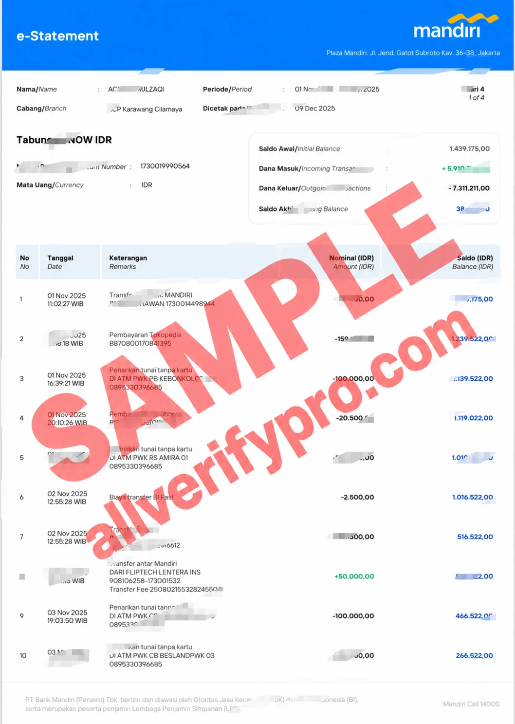 Indonesia Bank Mandiri Savings Account Statement Word And PDF Template (4 Pages)