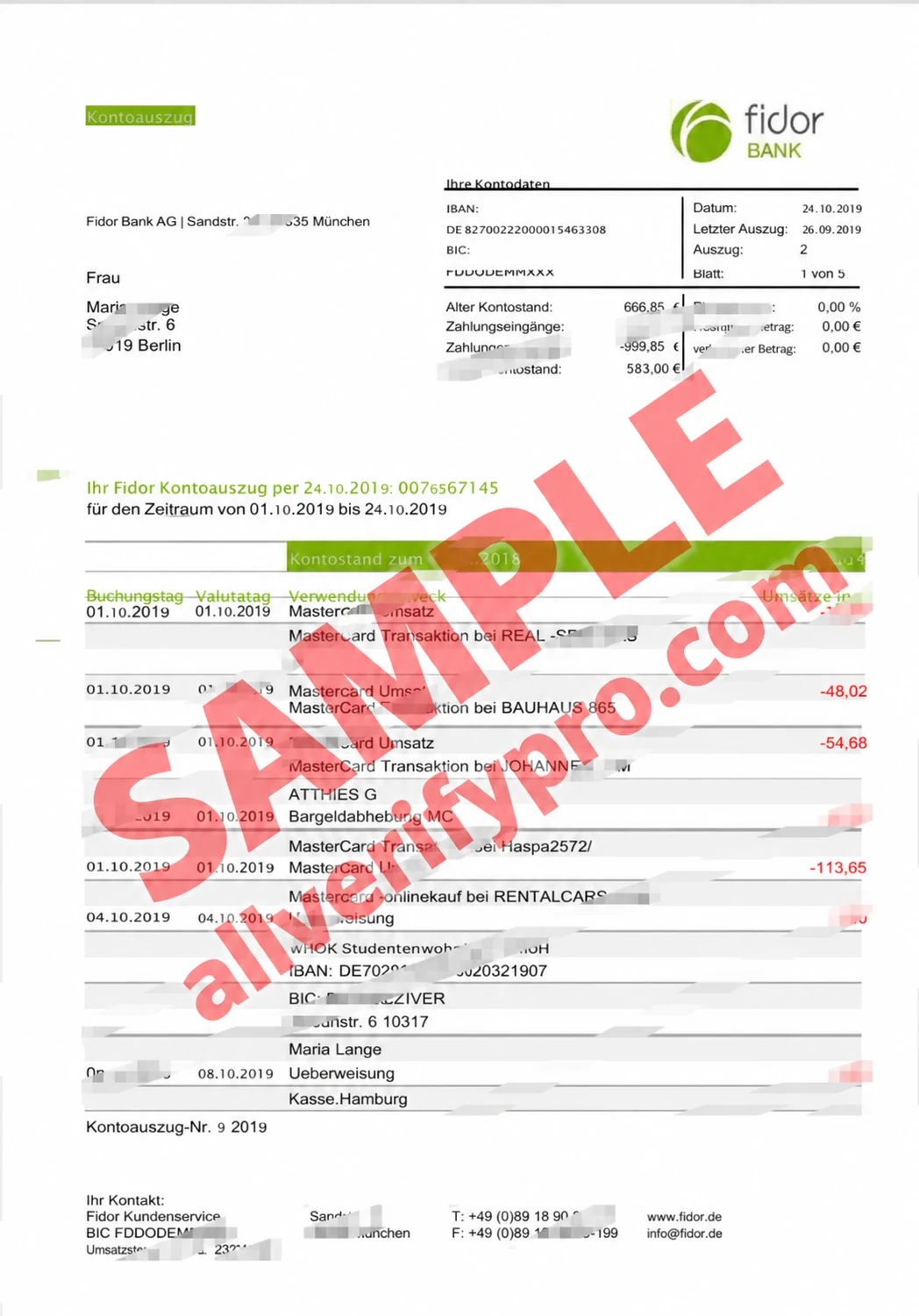 Plantilla de extracto bancario de Fidor de Alemania en Word y PDF