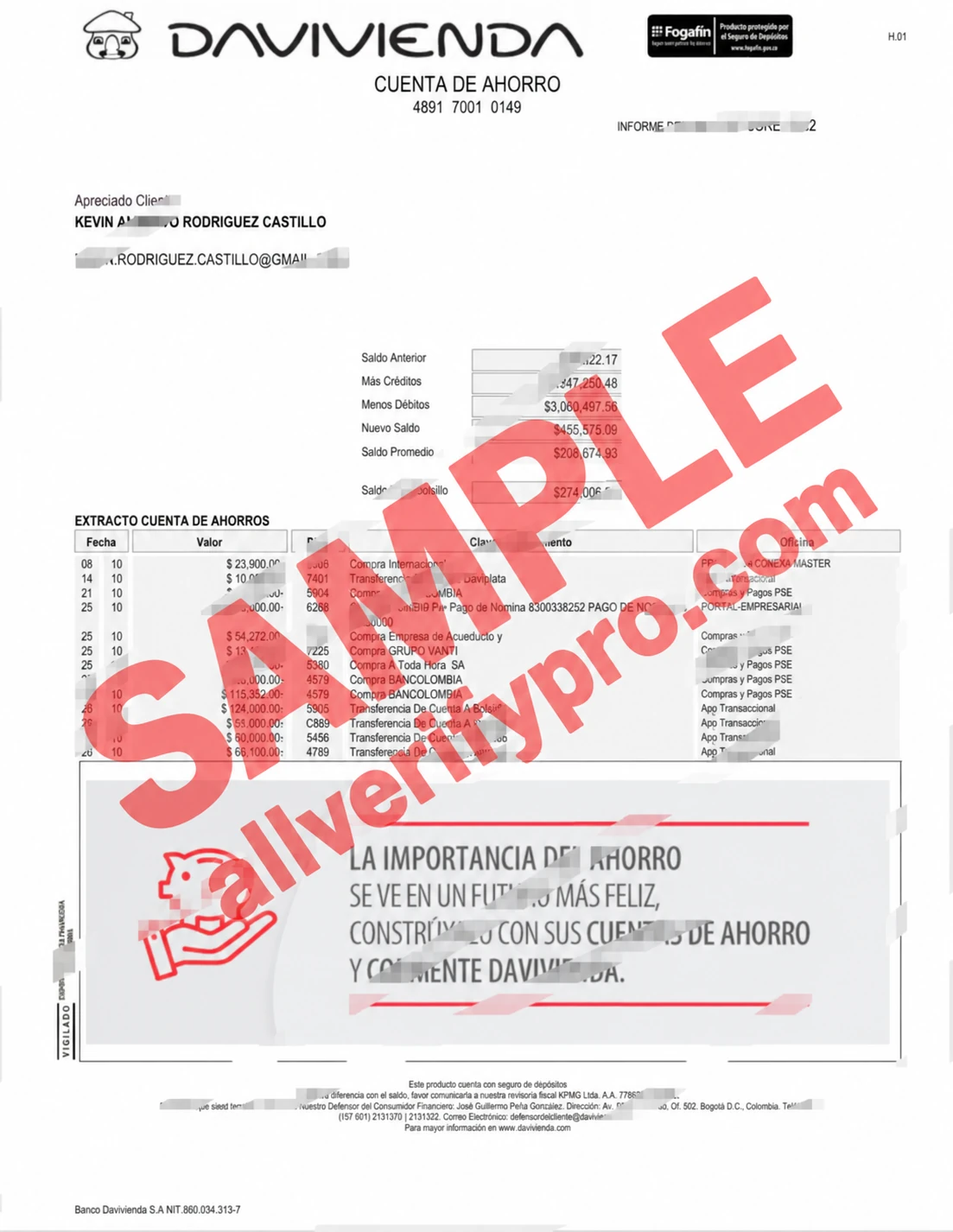 Colombia Davivienda Bank Statement Word and PDF Template (3 Pages)